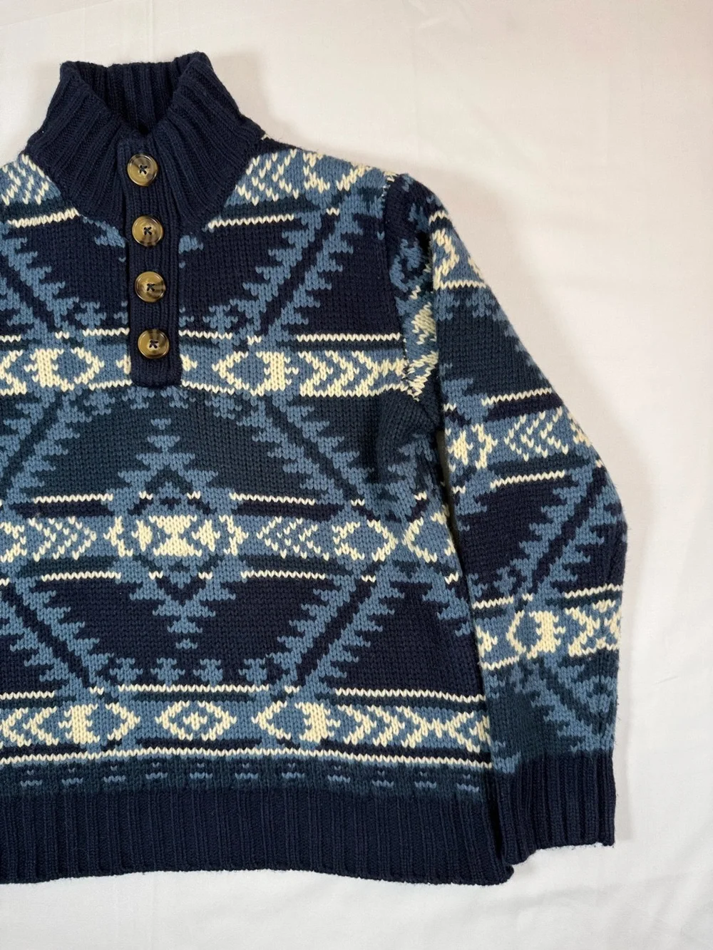 COTTON RYE Boys Shawl Collar Button Neck Fair Isle Sweater Size L 10 Cabin Cozy